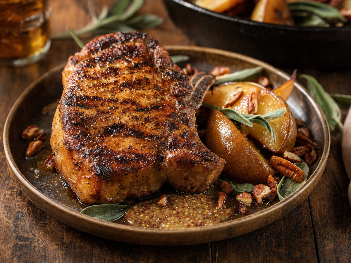 Grilled Black Blend pork chop with maple bourbon pears, mustard sauce, pecans, and sage