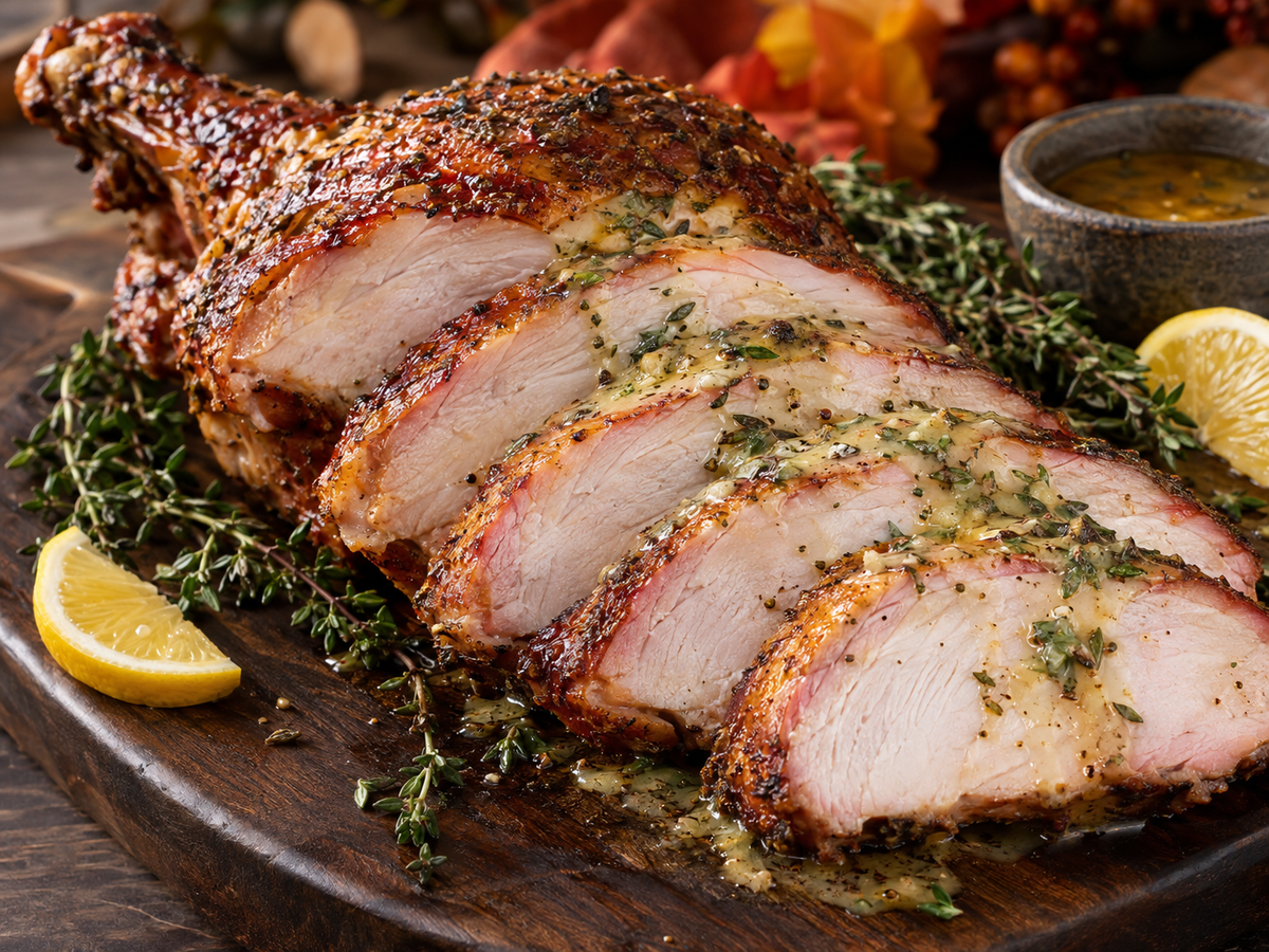 Smoked turkey breast sliced on a rustic board, seasoned with Brunk Black Blend BBQ Rub.