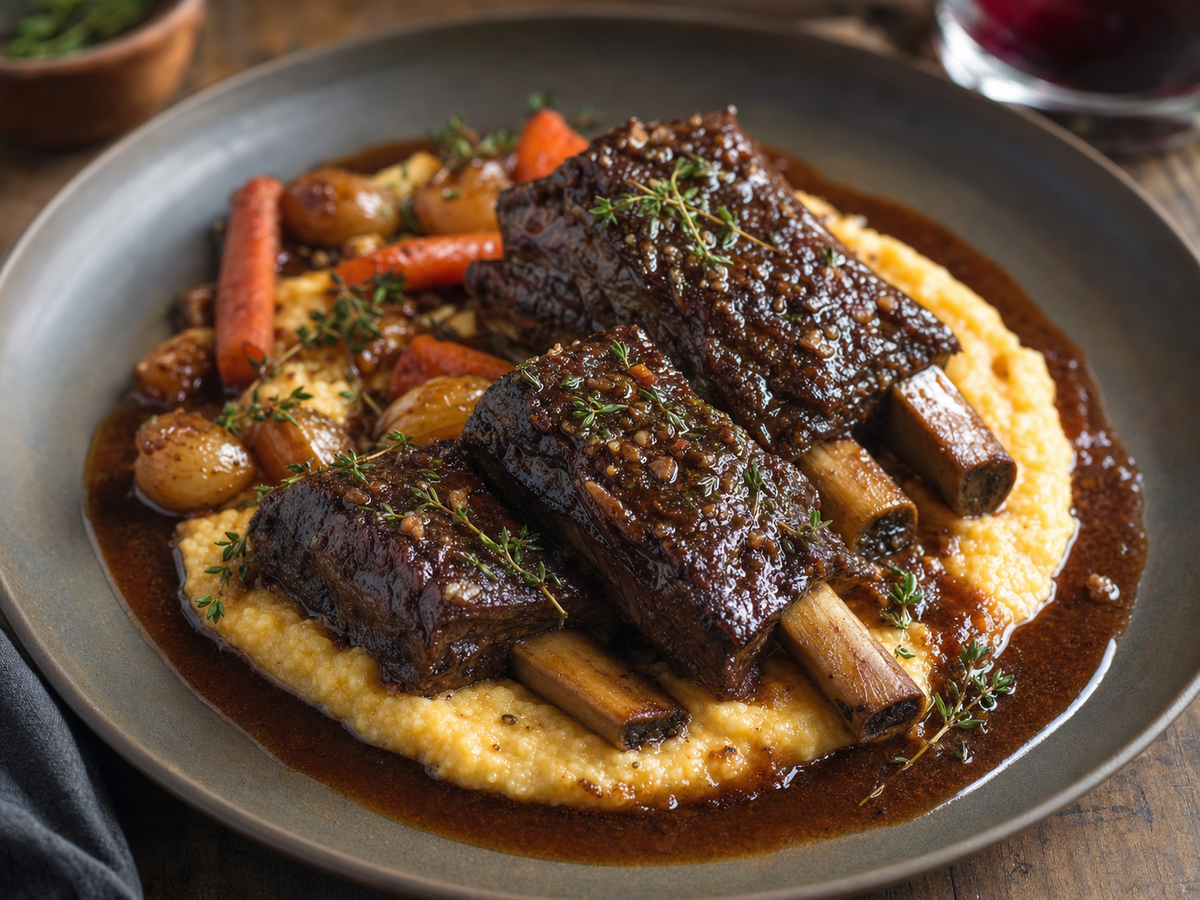 Garlic King red wine braised beef short ribs over creamy polenta with roasted carrots and pearl onions