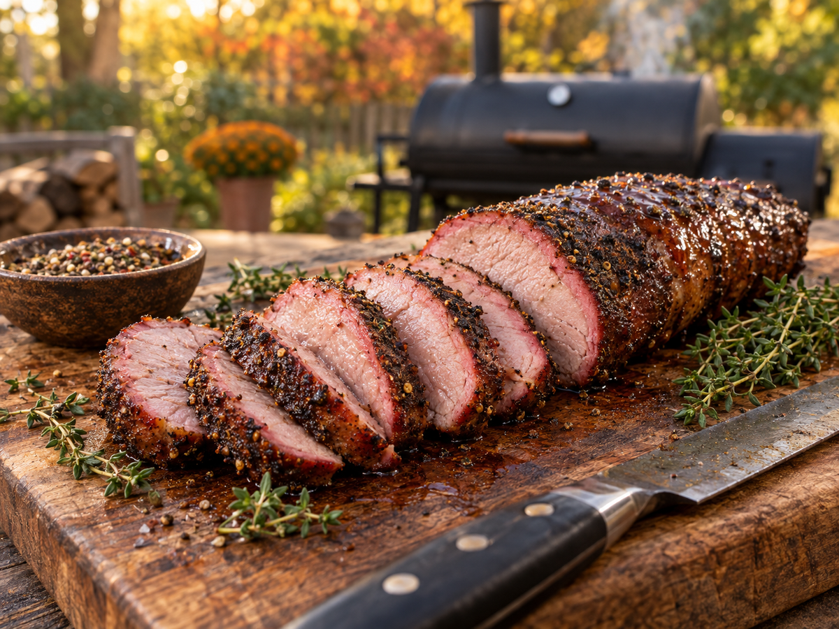Sliced smoked pork tenderloin with a juicy pink center and peppery bark, seasoned with the Brunk Starter Trio, on a wooden cutting board