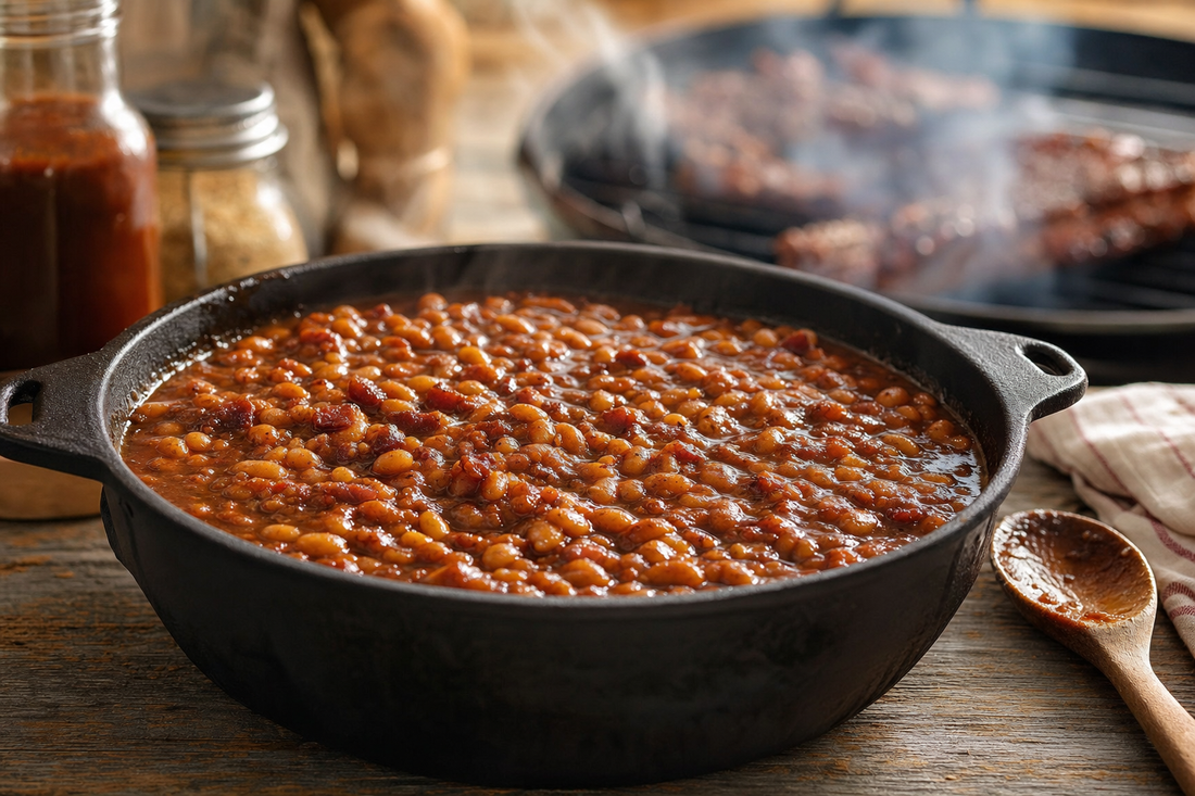 Smoky BBQ baked beans in a cast iron pot