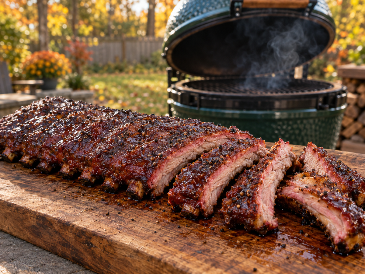 Big Green Egg baby back ribs with a glossy peppery bark from Brunk Black Blend BBQ Rub, sliced on a wooden board in front of the Egg