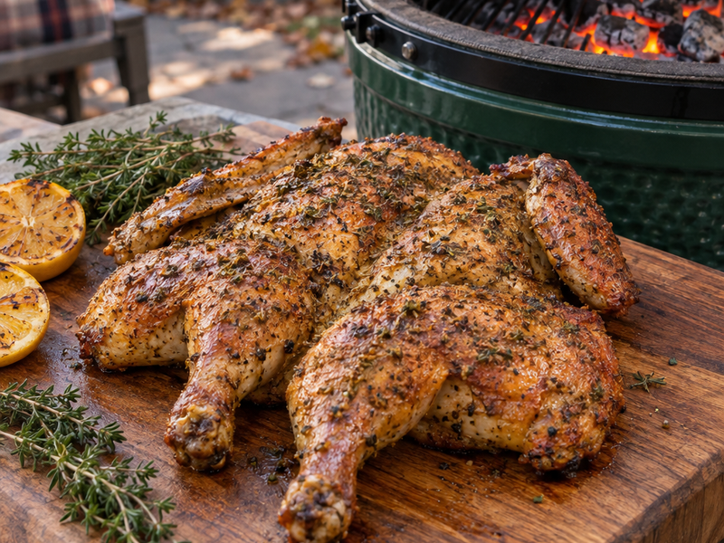 Big Green Egg Spatchcock Chicken with Everyday Brunk Original