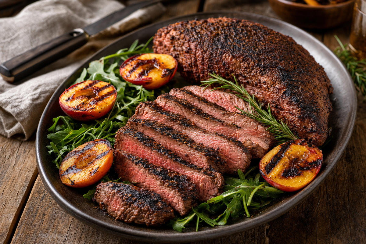 Sliced Black Blend coffee-rubbed grilled tri-tip with charred peaches and arugula