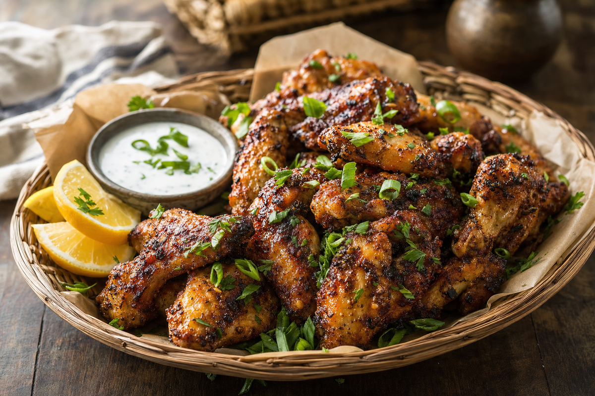 Crispy Black Blend grilled chicken wings with charred scallions, lemon wedges, and ranch dip
