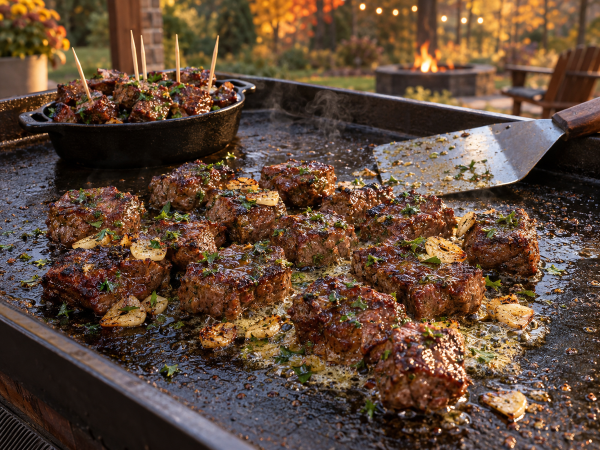 Blackstone garlic butter steak bites seasoned with Brunk Garlic King searing on a flat-top griddle