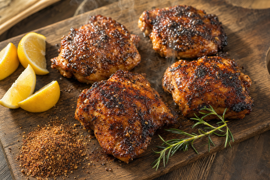 Grilled chicken thighs seasoned with Brunk Black Blend BBQ rub, resting on a wooden board with lemon wedges and rosemary