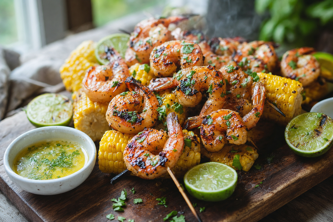 Char-grilled shrimp skewers seasoned with Brunk Black Blend served with grilled corn and garlic-lime butter.