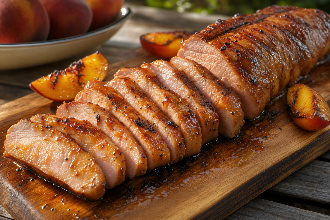 Sliced grilled pork tenderloin glazed with peach sauce on a wooden board with charred peach wedges.