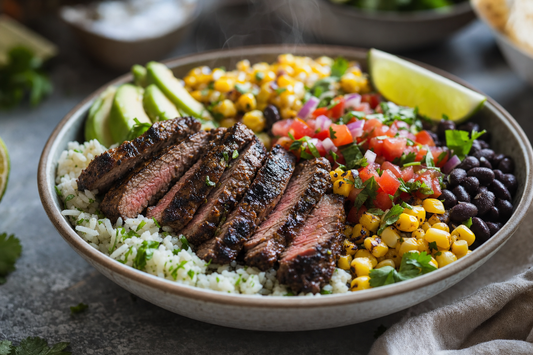 Grilled flank steak taco bowls with cilantro-lime rice, charred corn, black beans, pico de gallo, avocado, and lime