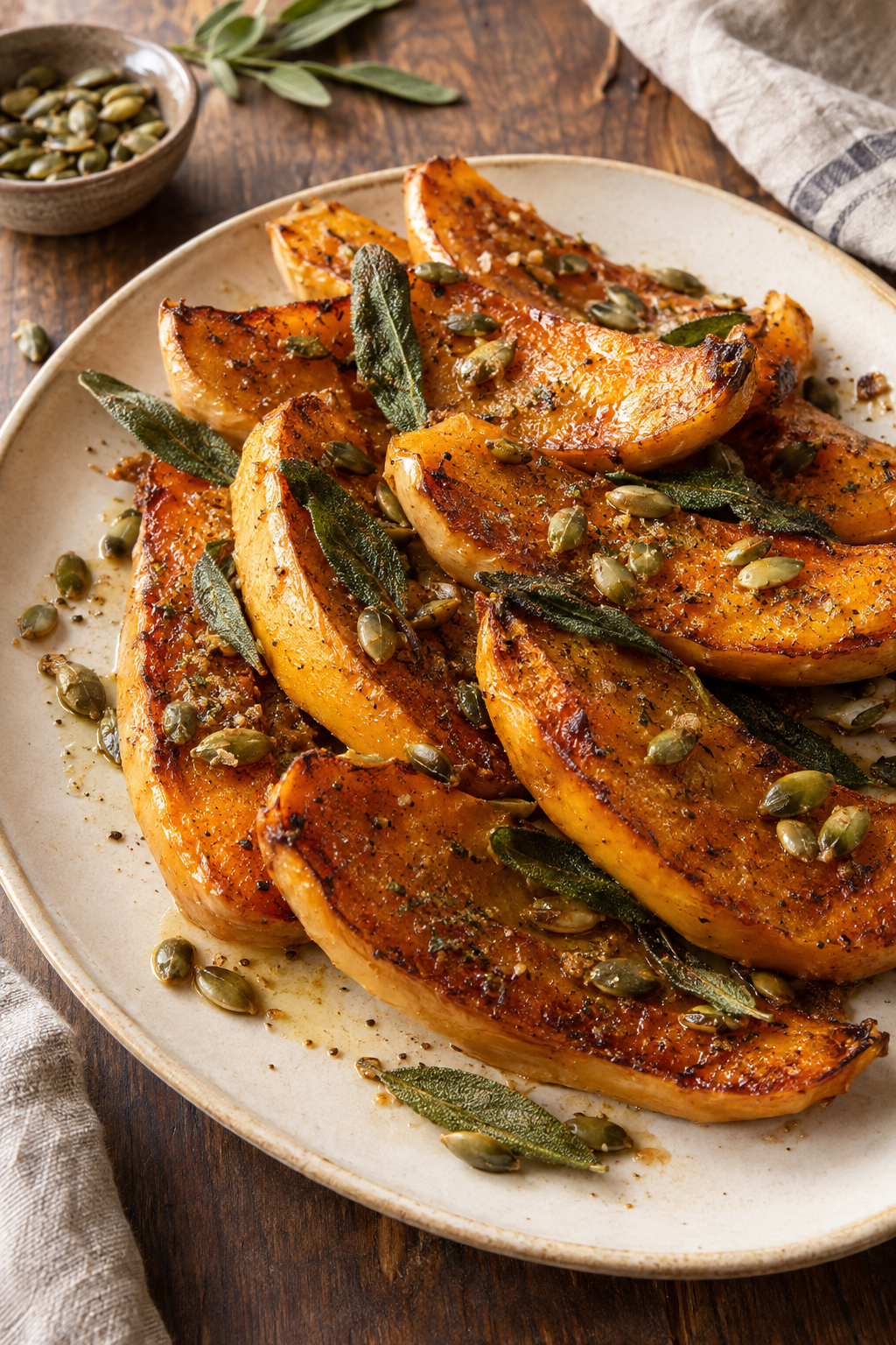 Oven-roasted butternut squash wedges with browned butter, crisp sage, pepitas, and Brunk seasoning.