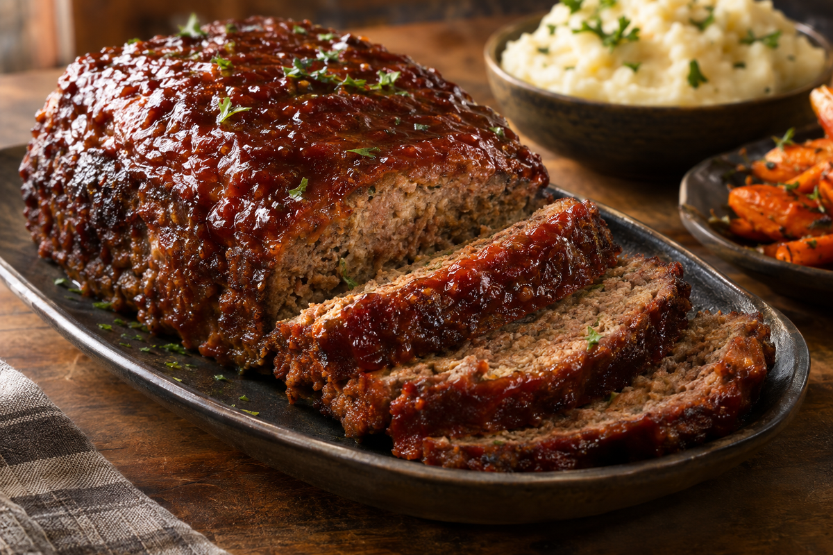 Sliced smoked meatloaf with a glossy ketchup glaze, served with mashed potatoes and roasted carrots