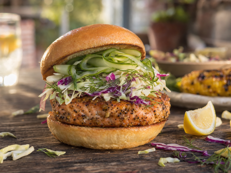 Brunk Starter Trio BBQ Salmon Burgers with Pickled Cucumber Slaw