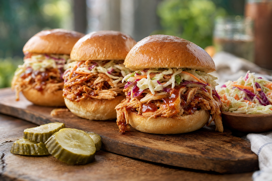 BBQ pulled chicken sliders topped with crunchy slaw on brioche buns, styled on a wooden board in natural light