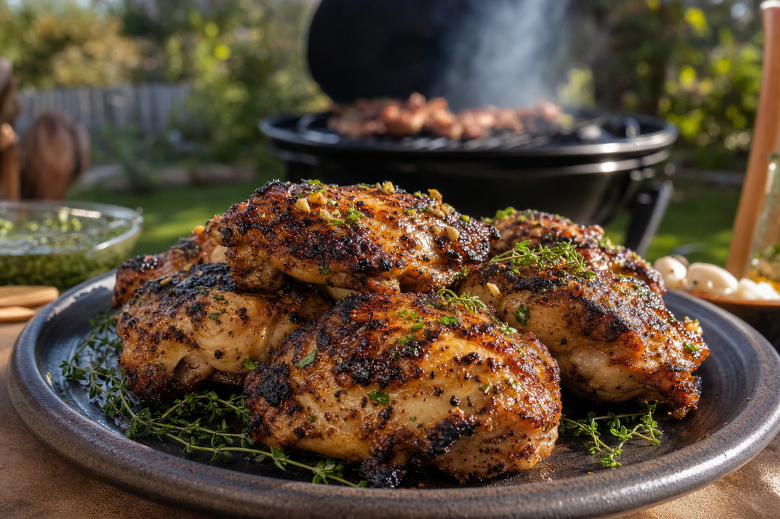 Grilled bone-in chicken thighs with crispy charred skin on a plate