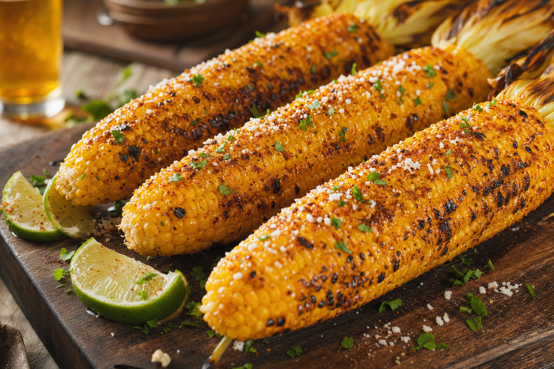 Grilled corn on the cob with charred kernels and lime wedges