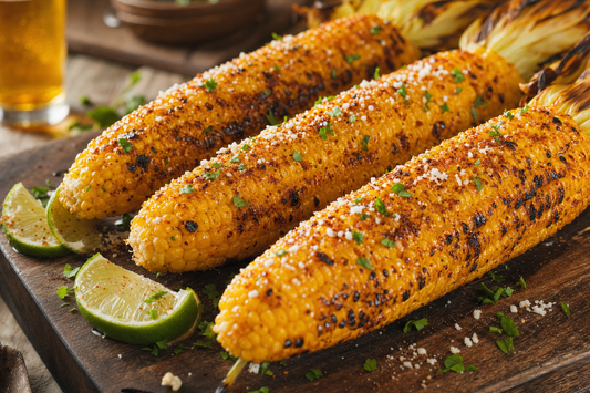 Grilled corn on the cob with charred kernels and lime wedges