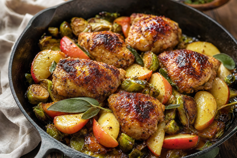 Everyday Brunk Apple-Cider Chicken Thighs with Charred Apples & Brussels Sprouts