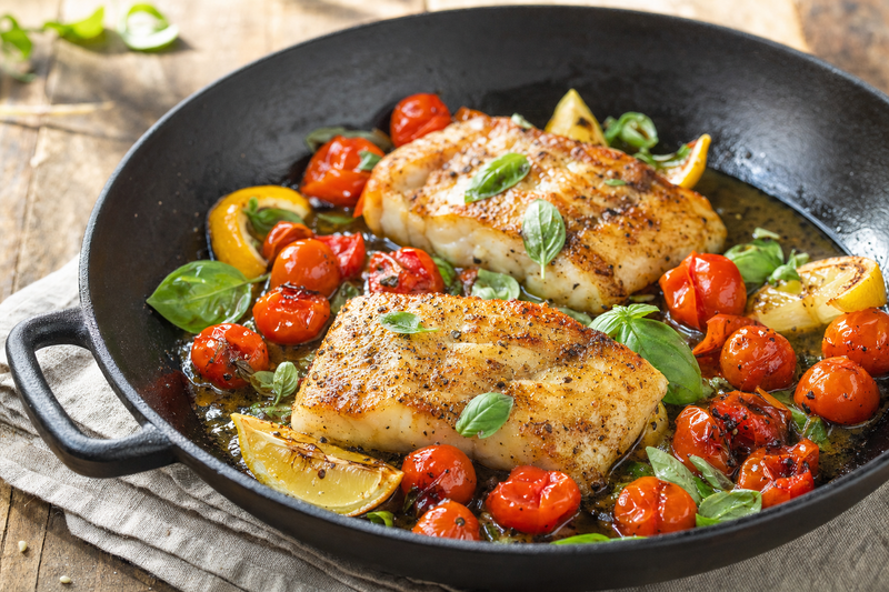 Everyday Brunk Cast-Iron Cod with Blistered Tomatoes & Basil