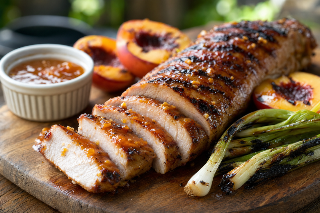 Sliced grilled pork tenderloin with peach glaze, grilled peaches, and charred green onions on a wooden board.