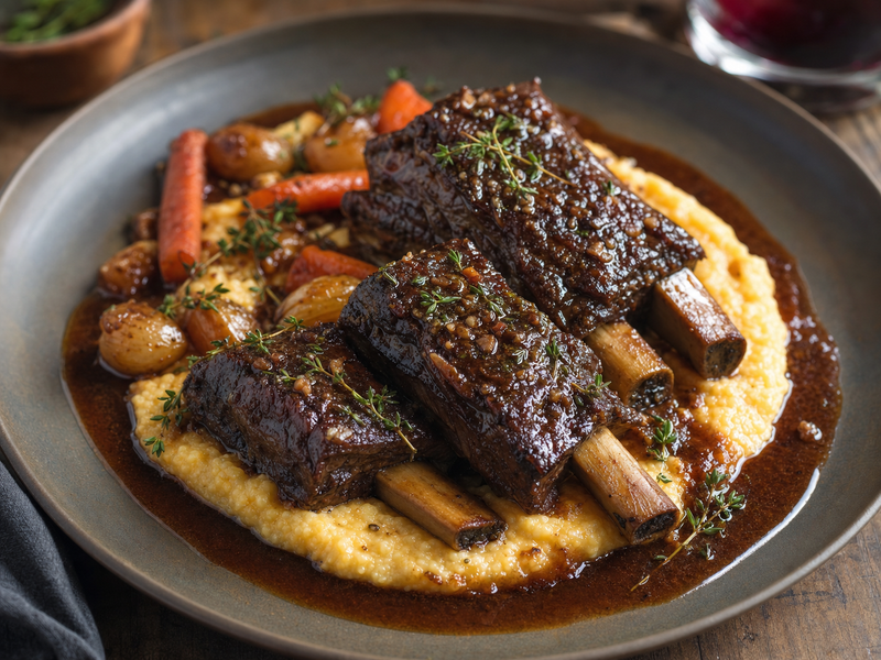 Garlic King Red-Wine Braised Short Ribs with Creamy Polenta