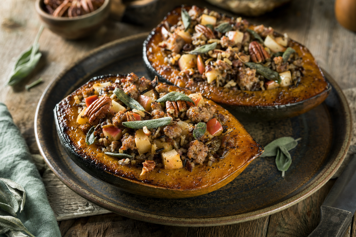 Roasted acorn squash stuffed with Garlic King-seasoned sausage, wild rice, apple, pecans, and sage