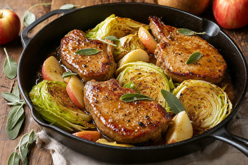 Garlic King Apple-Cider Pork Chops with Charred Cabbage