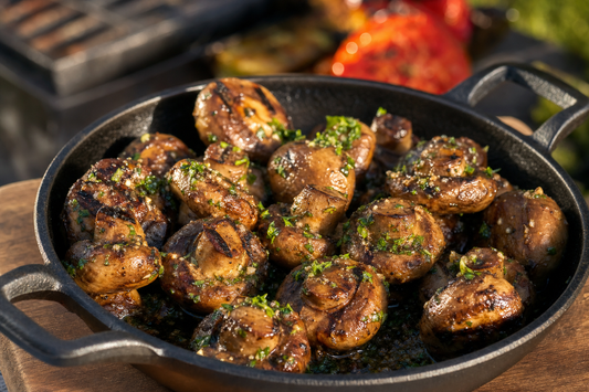 Grilled garlic butter mushrooms in a cast iron skillet