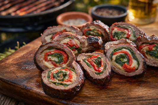 Grilled flank steak pinwheels sliced to show cheese, pepper, and spinach filling