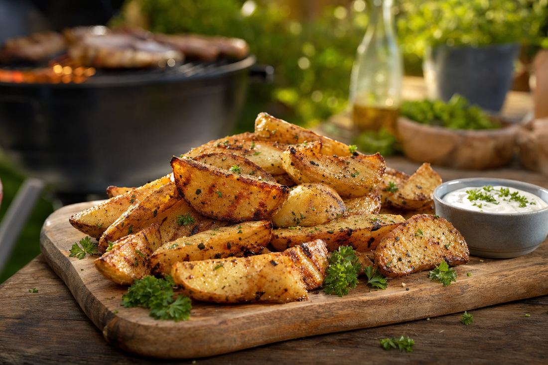 Grilled garlic seasoned potato wedges on a wood board