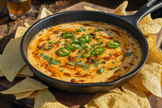 Smoky BBQ queso dip in a cast iron skillet with tortilla chips