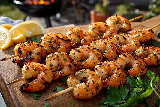 Grilled garlic shrimp skewers on a wood board with lemon wedges