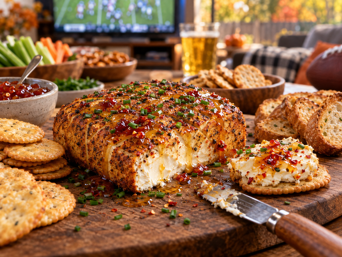Smoked cream cheese block scored and seasoned with Everyday Brunk Original, drizzled with honey and pepper jelly, served with crackers