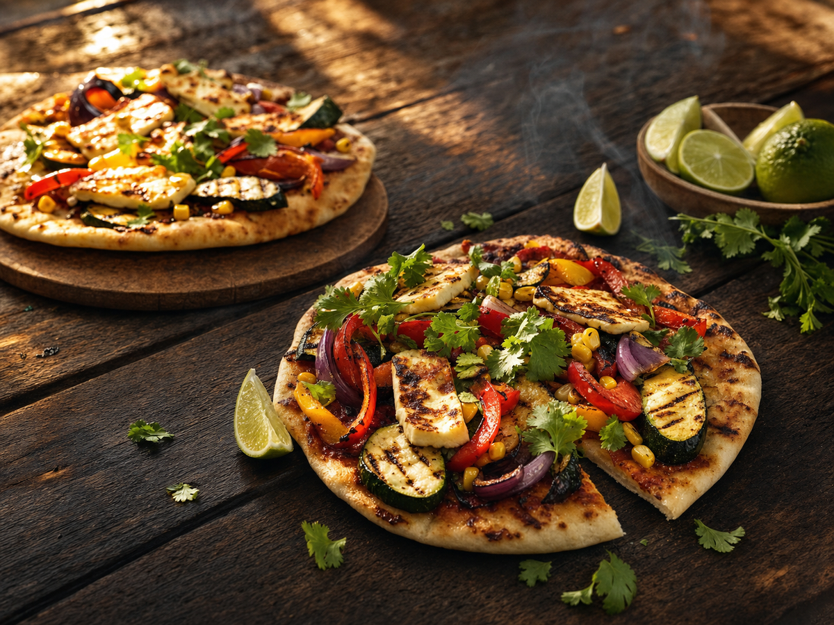 Grilled vegetable and halloumi flatbreads seasoned with Brunk Starter Trio