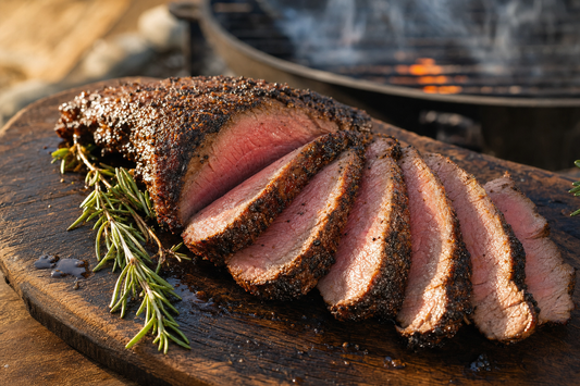 Sliced reverse-seared tri-tip steak with a dark seasoned crust on a wood cutting board