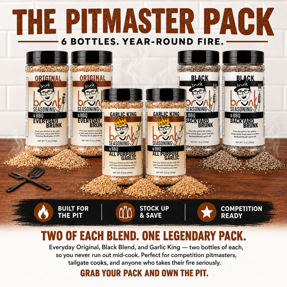 Brunk Pitmaster Pack: 2 Original, 2 Garlic King and 2 Black Blend bottles