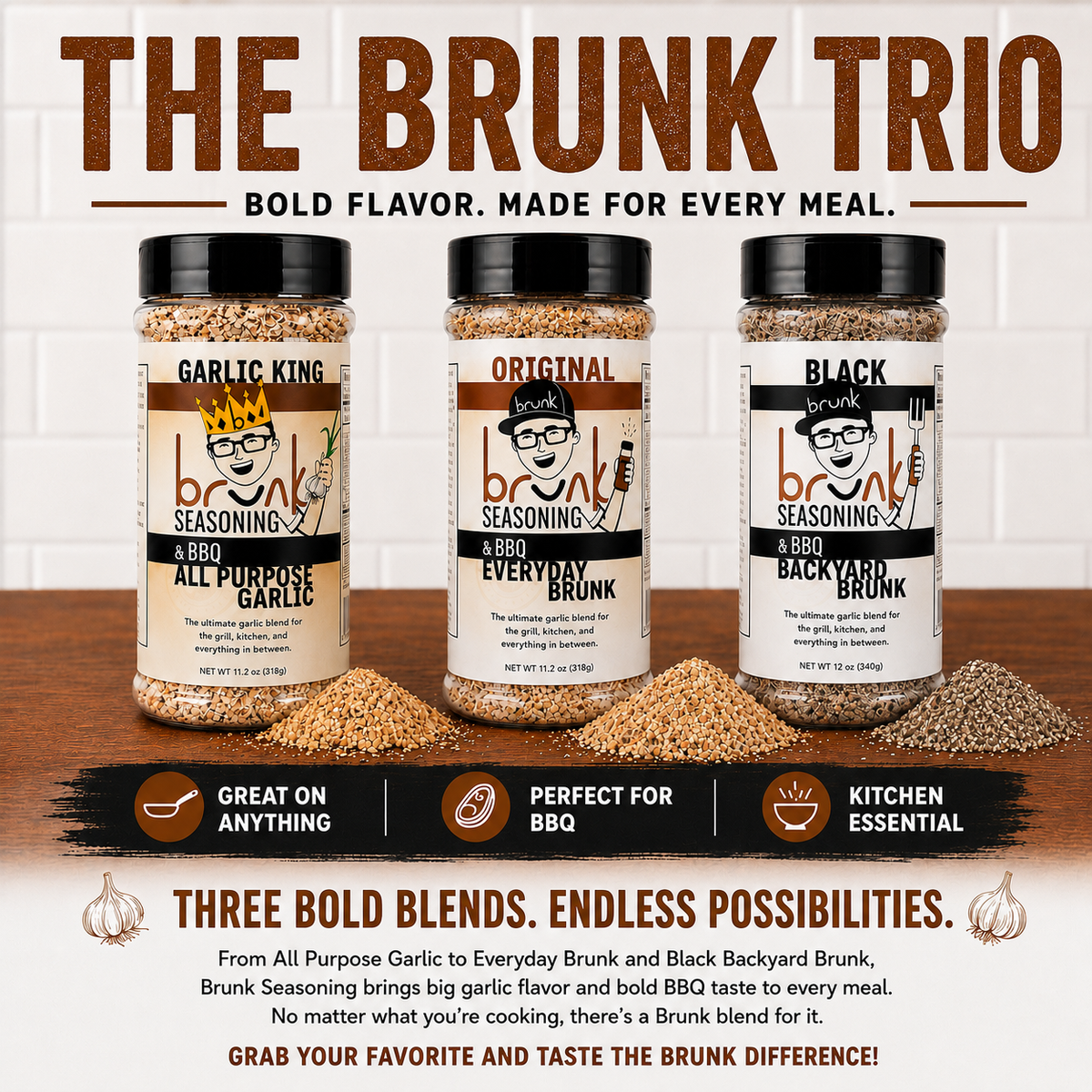 Brunk Starter Trio: Garlic King, Everyday Brunk Original and Black Blend bottles